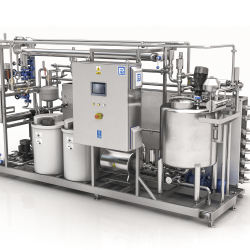 Pasteurizer with a tubular exchanger and an automatic dispenser of cleaning agents